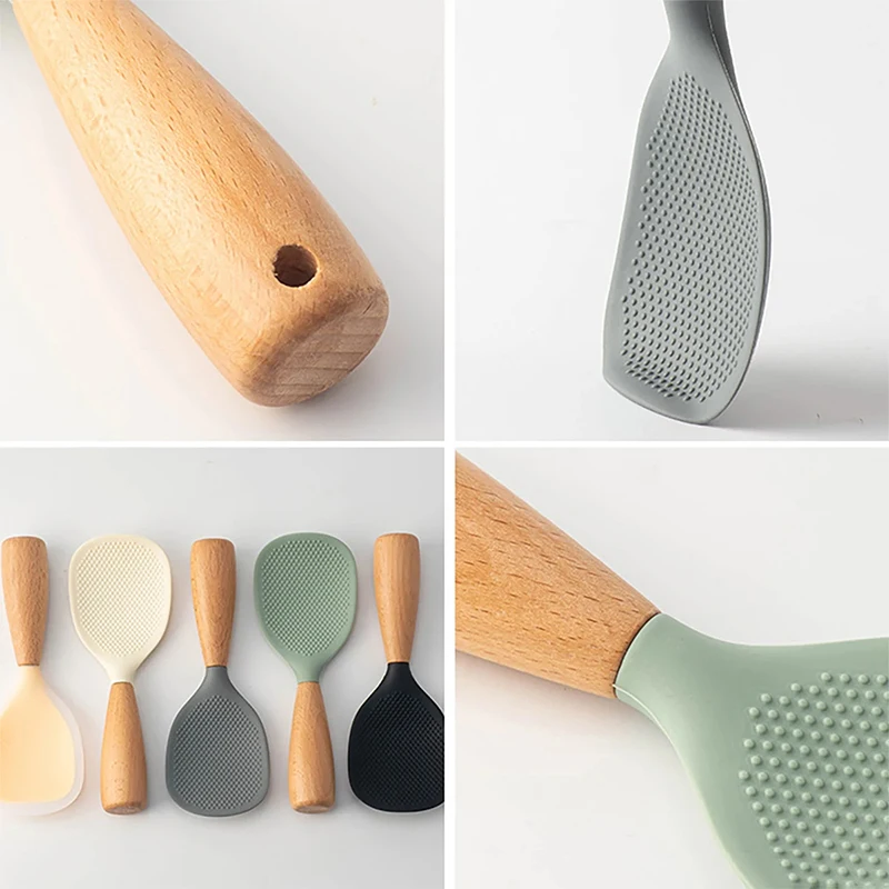 Silicone Wooden Handle Rice Spoon High Temperature Resistant Non Stick Rice Spoon Lisheng Kitchen Accessories 1Pc
