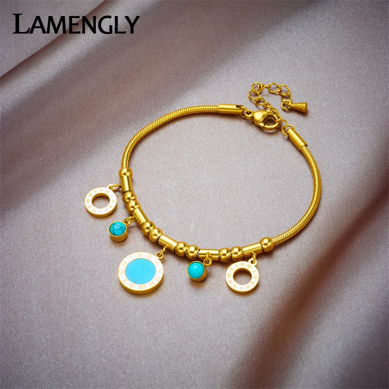 

LAMENGLY 316L Stainless Steel Round Roman Numerals Green Stone Charm Bracelet For Women New Luxury Bangles Jewelry Gift Party