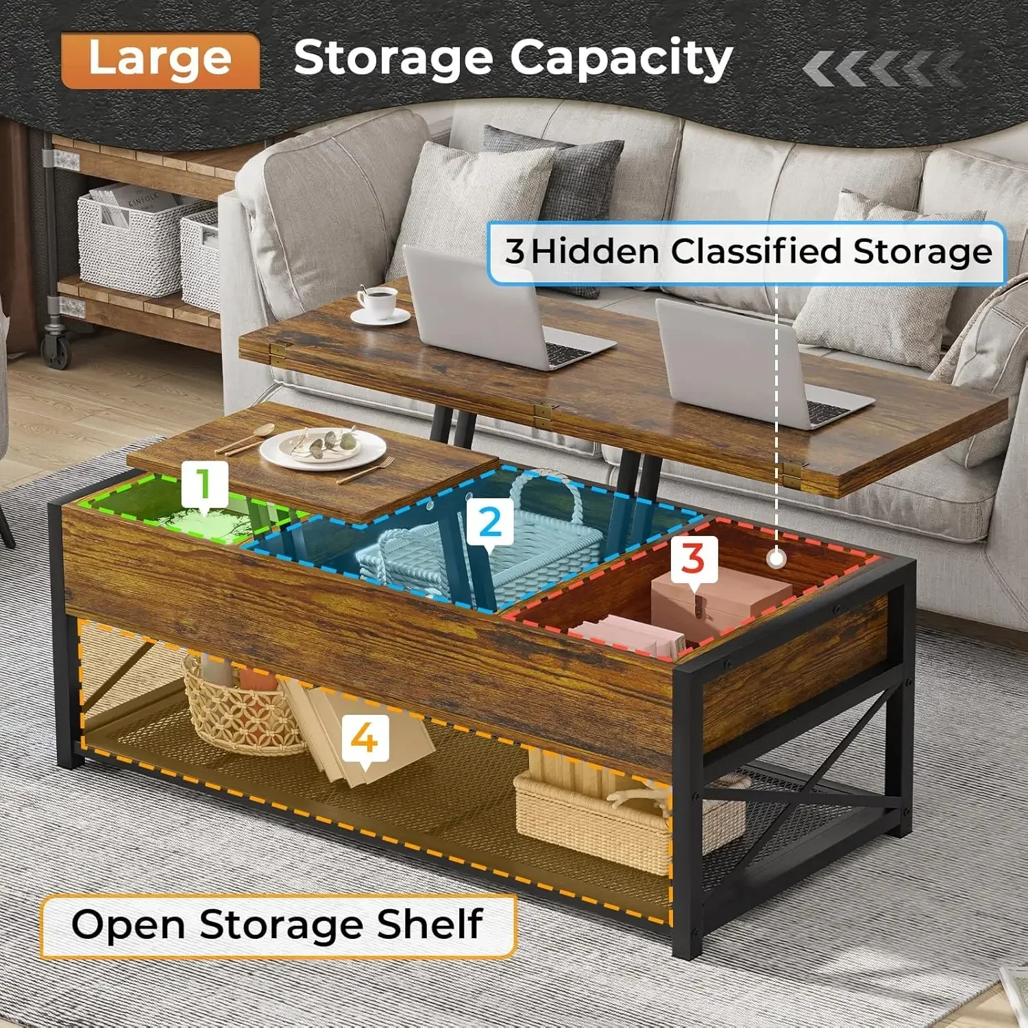 43" Lift Top Coffee Table, 3 in 1 Multi-Function Coffee Table with Storage for Living Room, Small Coffee Table , Rustic Brown. 5