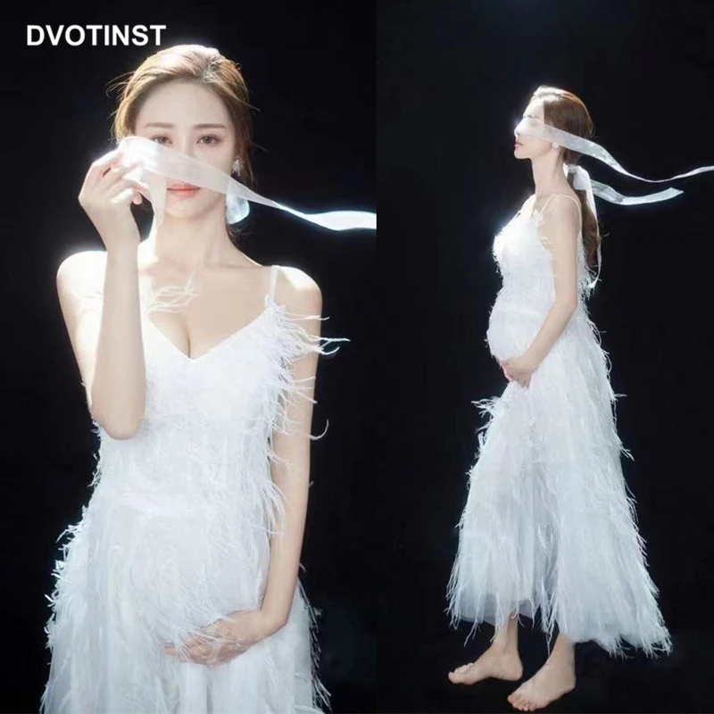 Dvotinst Women Photography Props Feathers White Elegant Maternity Dresses Sleeveless Pregnancy Dress Studio Shooting Photo Props