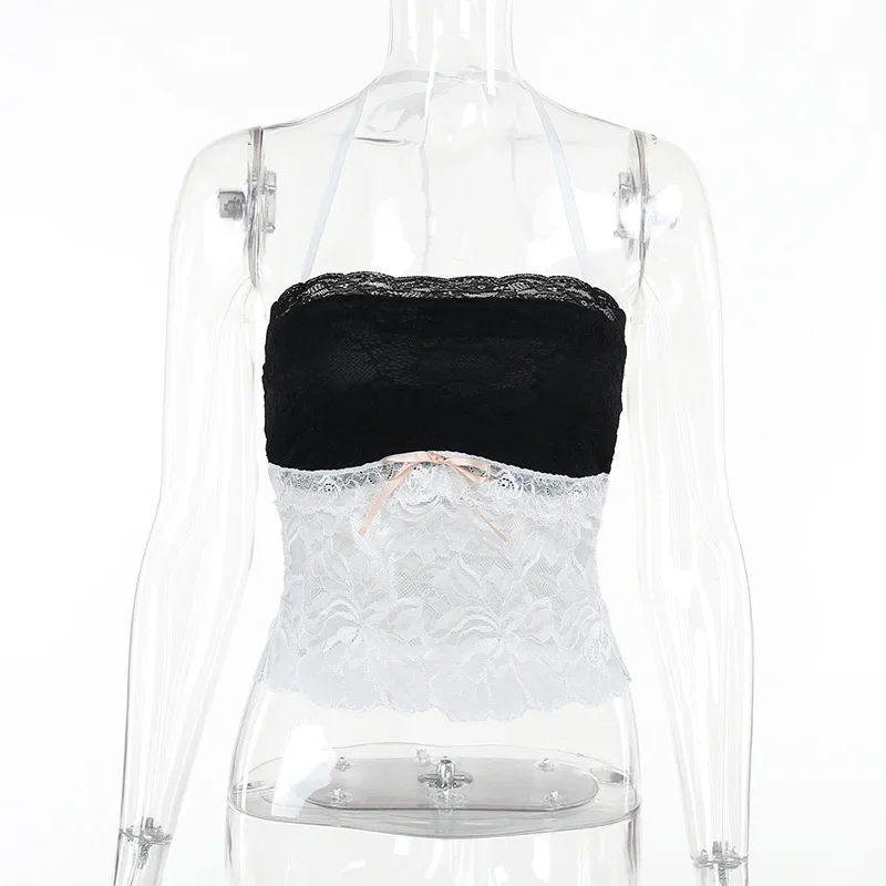 Halter Lace See-Through Crop Top Ruffled Contrast Tank Top - Y2K Fashion Patchwork Strapless Sexy Contrast Cropped Top