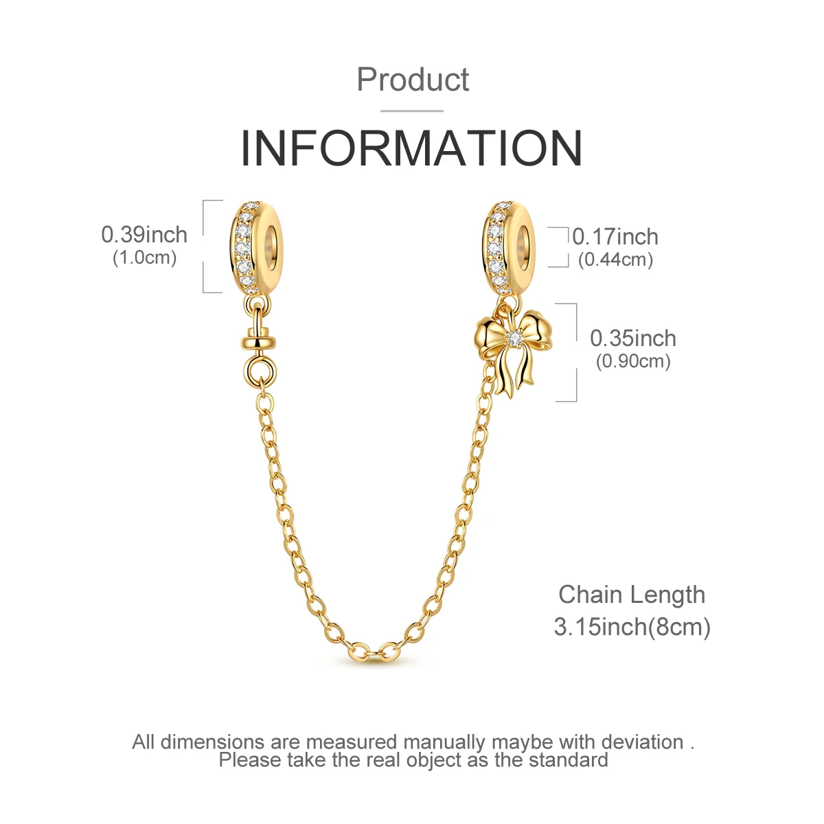  골드 보우 안전 체인 참 클리어 CZ 걸리 댕글 비즈 팔찌 목걸이 여성용 DIY 쥬얼리 선물