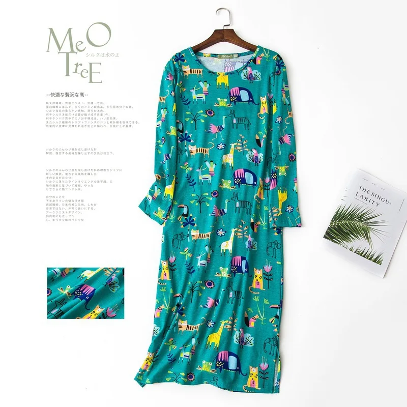Spring Autumn Female Casual Cartoon Nightgown Ladies Cotton Long Sleepshirt Women Long Sleeve Plus Size Lounge Sleep Dress