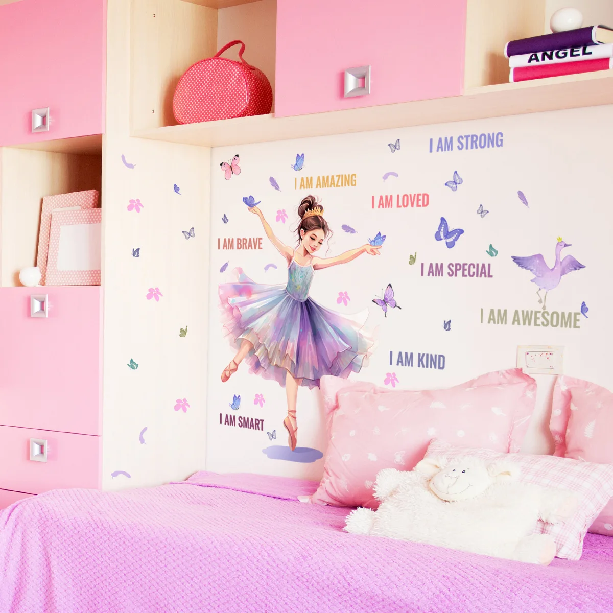 Luminous Wall Stickers Wall Stickers Vinyl Decal Stickers Ballet Dancer Girl Wall Decal Colorful Butterfly Theme Stickers for Girls Room Nursery Princess Room Decoration Self-Adhesive