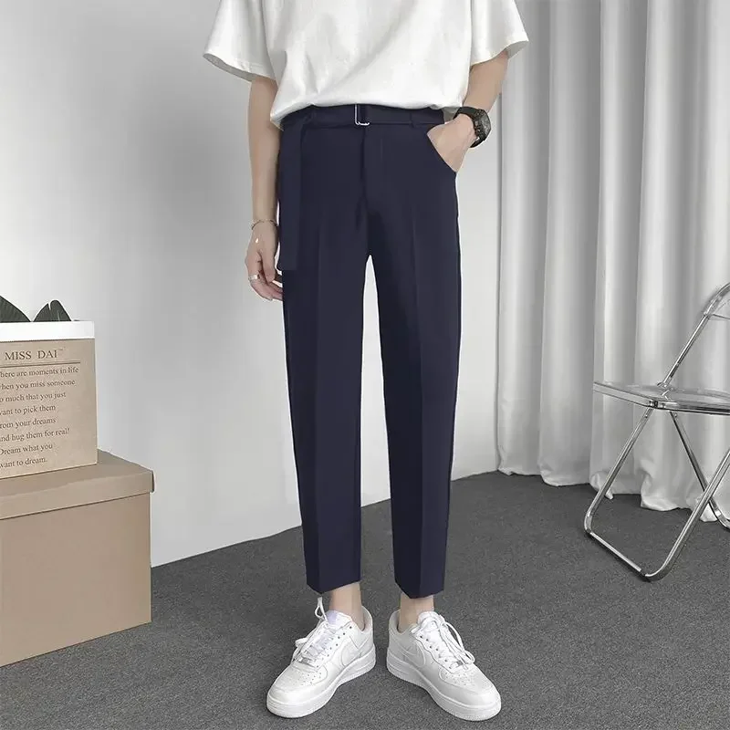 thumbnail image 1 of Pantalones para hombre de oficina gris recto elástico drapeado 9 recortado ajustado trabajo fluido trenzado trajes de hombre pantalones elásticos ropa de moda, 1 of 4