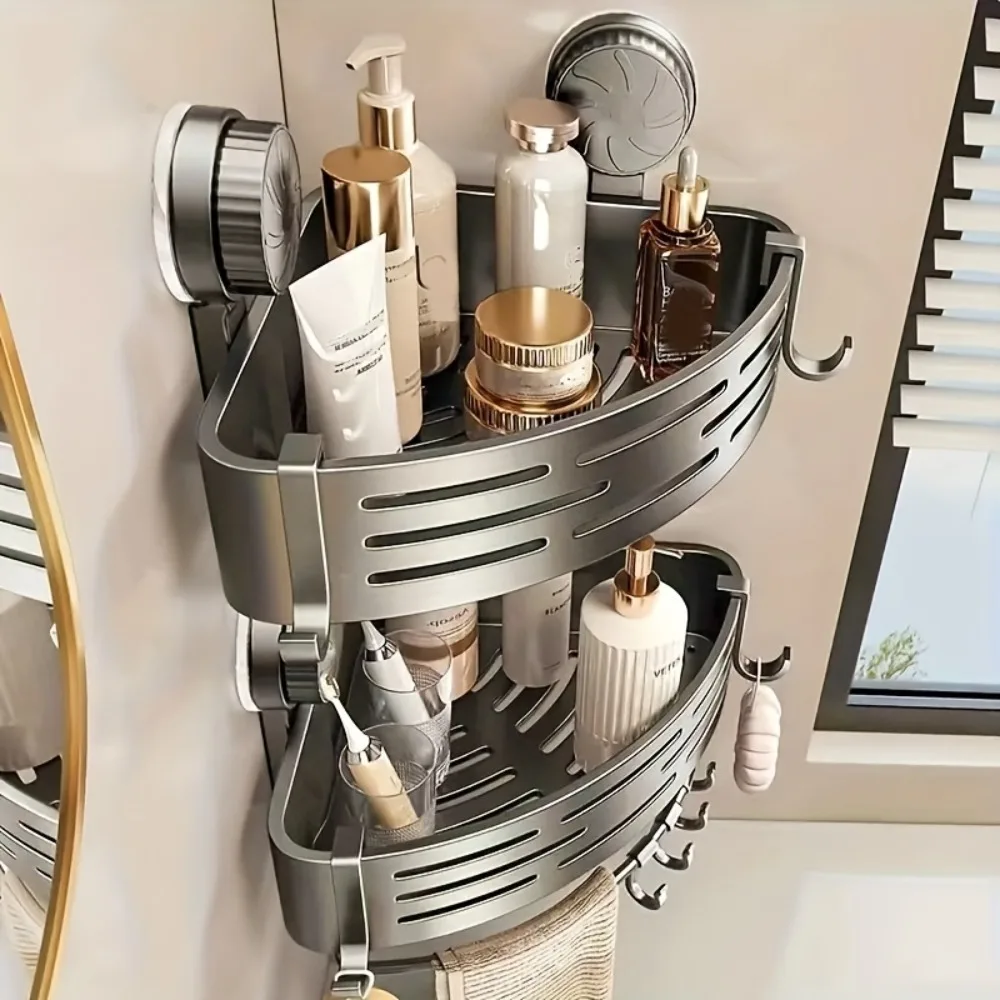 Triangular Space-Saving Suction Cup Bathroom Storage Shelf No Drilling Required Multifunctional Storage Organizer Hooks