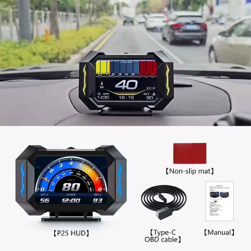 HUD OBD P25 para Auto, Pantalla de Proyección GPS, Velocímetro Digital OBD2, Velocidad, RPM, Temperatura del Agua, Proyector LCD Multifuncional 1