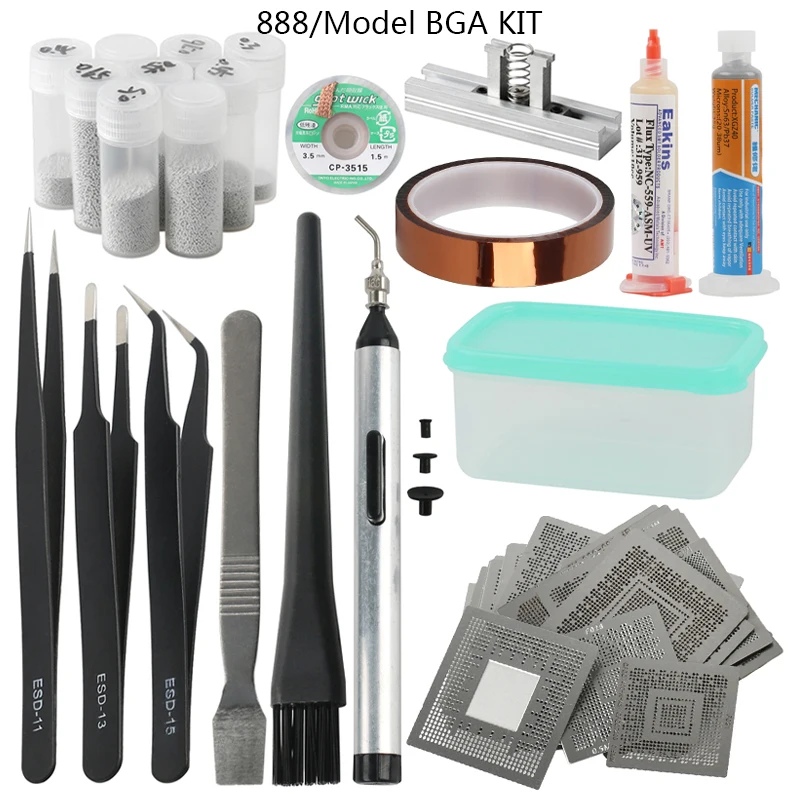 888/model Direct Heating BGA Stencil Tools Kti Bga Reballing StencilESD Tweezers+Solder Balls+Paste Flux+BGA Desoldering Wire |