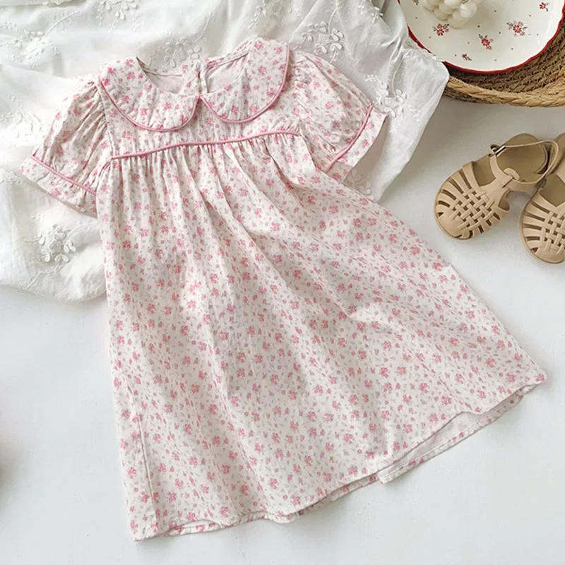 New Summer Sister Clothing 2-7Yrs Baby Girl Birthday Party Dress Short Sleeved Cotton Flower Print Kids Princess Dresses