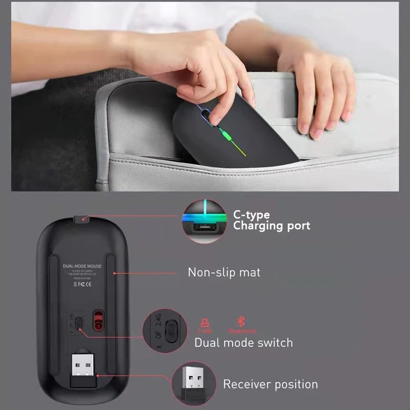 Dual Mode Bluetooth 2.4GHz USB Wireless Mouse One-Click Desktop Function Type-C Rechargeable Silent Backlight Mice For Laptop PC