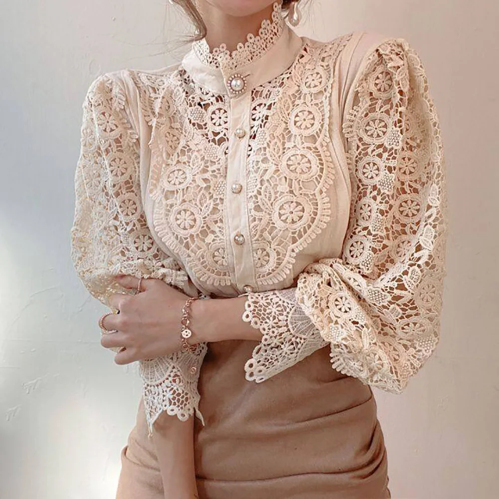 

Women Lace Patchwork Out Shirts & Blouses Petal Sleeve Stand Collar Shirt Femme Blusas All-match Lace Blouse Button White Tops