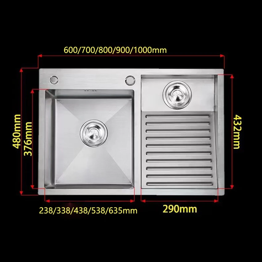 304 Stainless Steel Manual Laundry Sink with Washboard 60*48*22cm Integrated Balcony Laundry Tub Slot Thickened Double Bowl