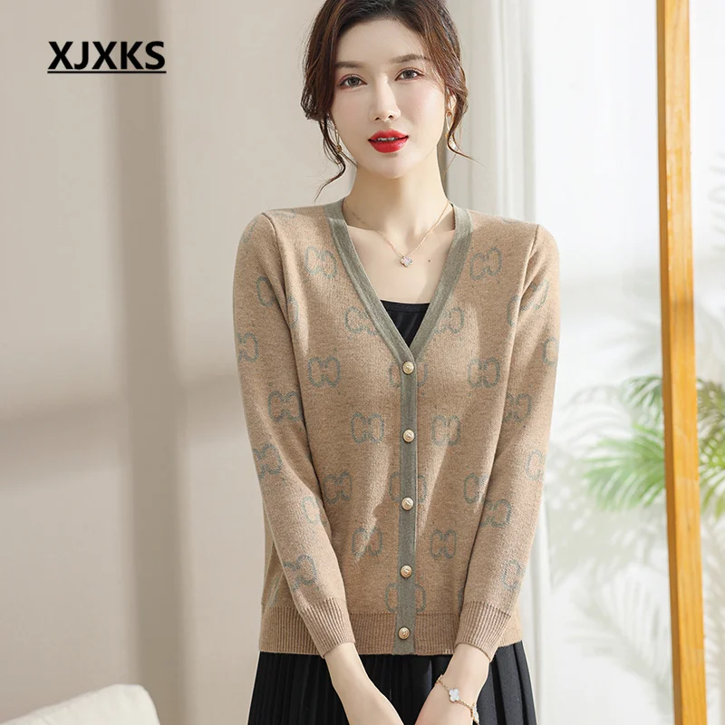 

XJXKS 2023 Spring Autumn New Single-breasted Cardigan Women's Sweater Coat Fashion Soft Wool Knit Jacket Temperament V-neck