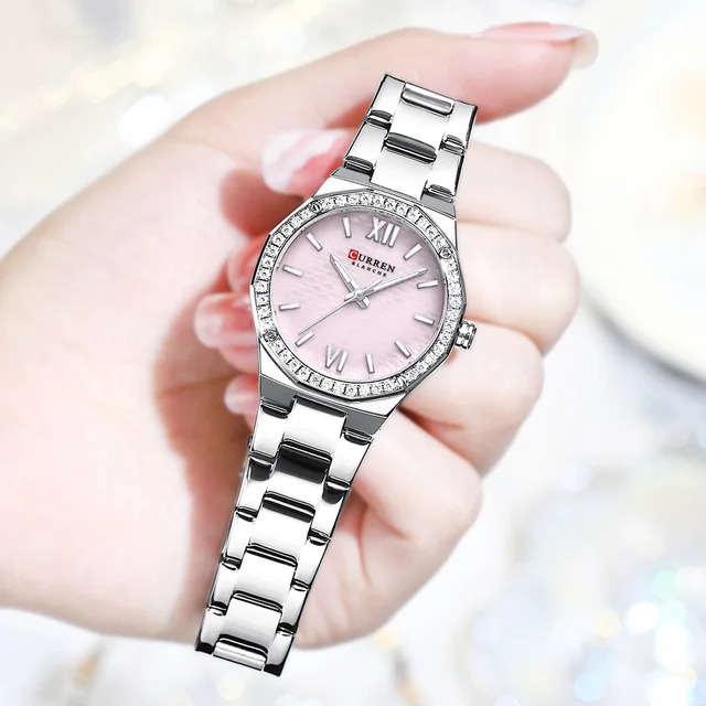 CURREN Simplicity Women's Watch Romantic Luxury Dial with Rhinestones Stainless Steel Band Slim Wristwatch for Ladies Waterproof
