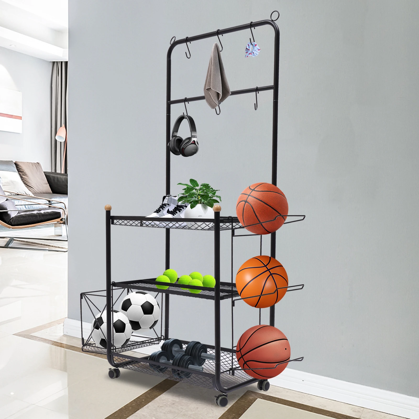 

Movable Garage Storage RAck Shelf Organizer Metal Sports Equipment Shelves 3 Tiers