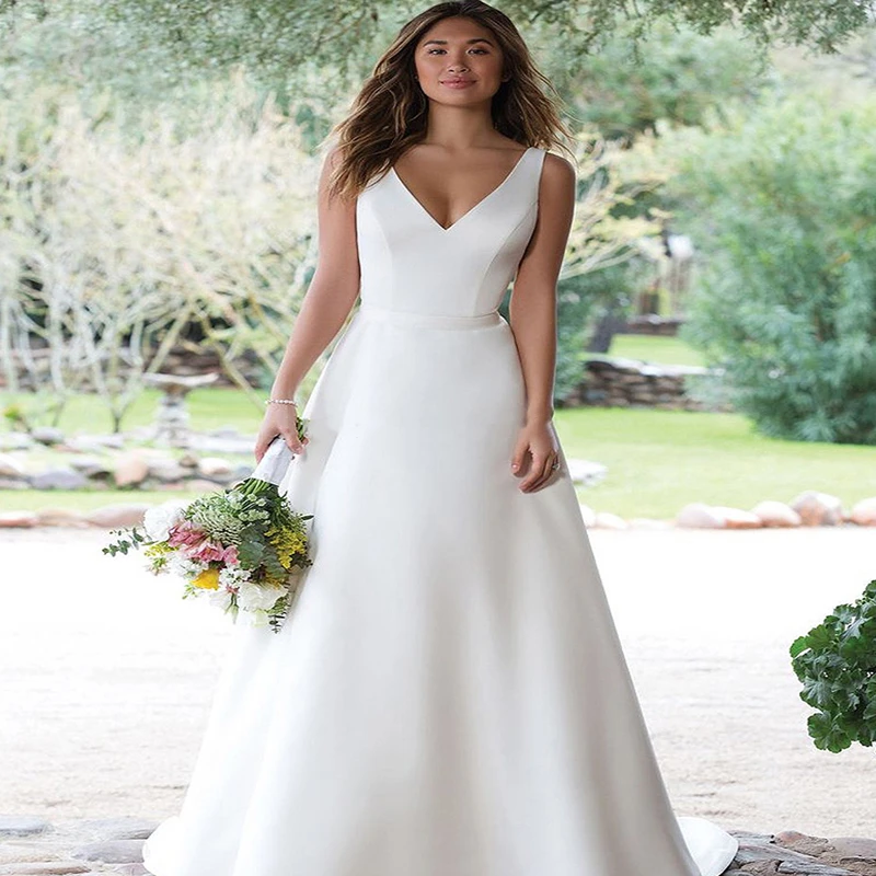 VIKTORIA Elegant A-line V-neck Wedding Dresses 2022 Satin Simple Vintage Bridal Gowns Open Back Sleeveless For Women Custom Made modest wedding dresses