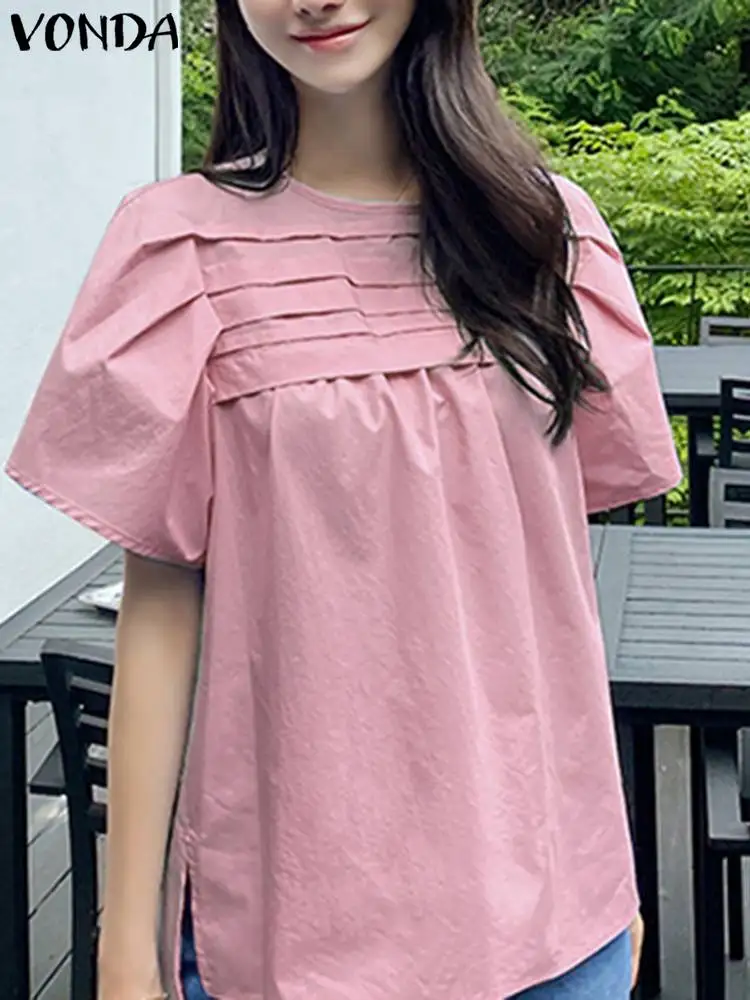 

VONDA Elegant Women Casual Shirts 2023 Fashion Short Sleeve Blouse Loose O-Neck Pleated Tunic Tops Solid Color Blusas Femininas