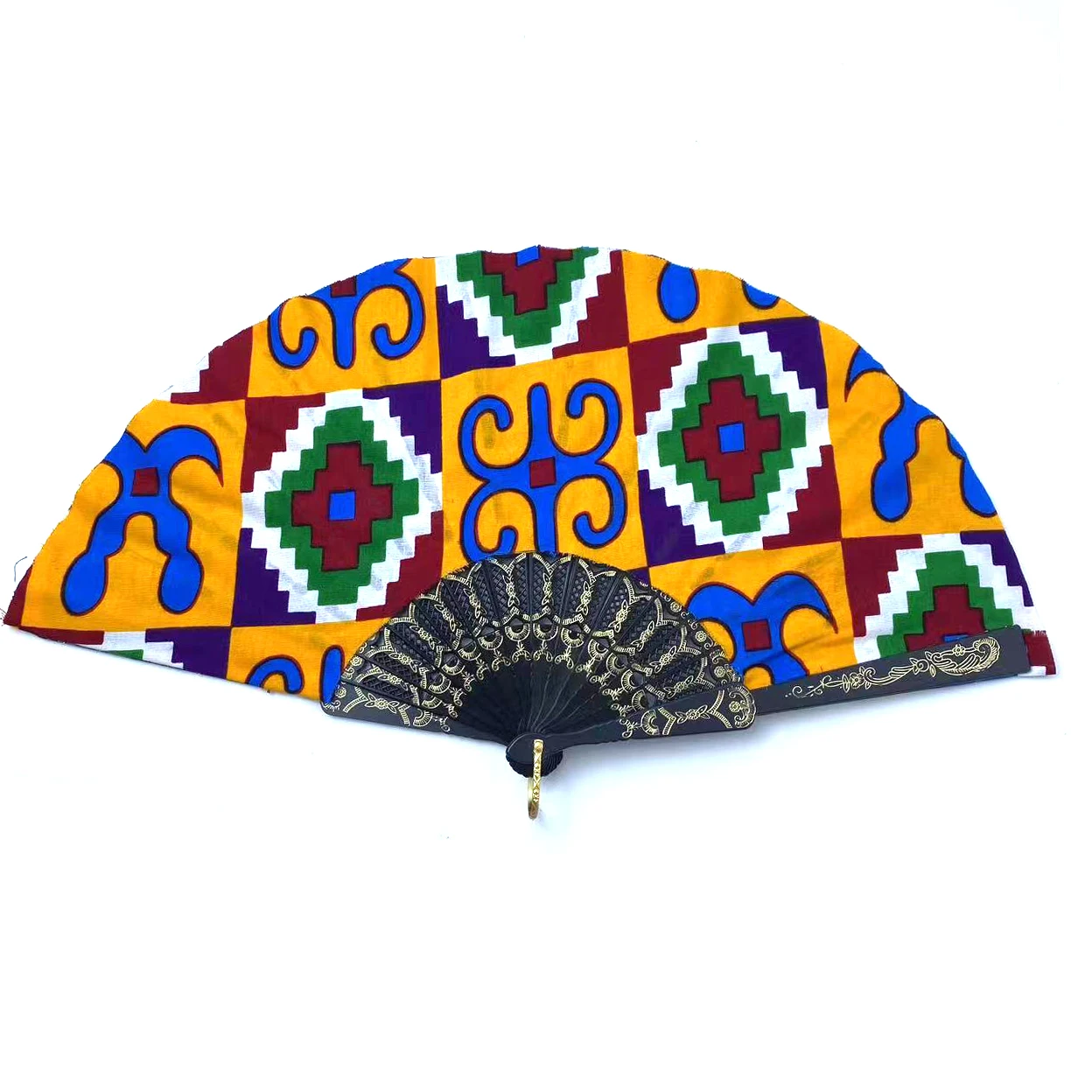 

African Style African Wax Print Fabric with Leather Folding FanPattern Art Craft Gift Home Decoration Ornaments Dance Hand Fan