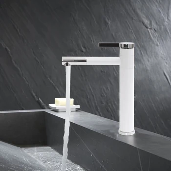 Kitchen 360° Rotatable Tap Bathroom High Washbasin Mixer Tap White Single Lever Mixer Tap for Bathroom Brass 3