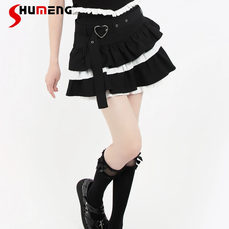 Japanese Style Heavy Industry Puffy Cake Skirt Short a-Line Spinning Lace New Sweet Cool High Waist Mini Skirts Women's Clothing