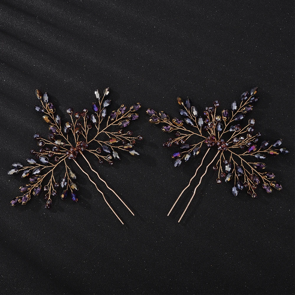 Trendy Rhinestone Crystal Bridal Hair Pins Handmade Purple Women Wedding Hairpins Accessories Silver Brides Jewelry Headpiece