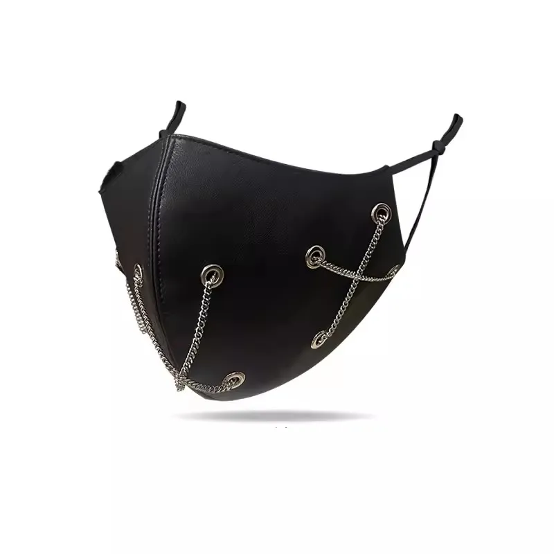 Men Women's Windproof Waterproof PU Leather Punk Chain Mask Lady's Breathable Mouth-muffle R656