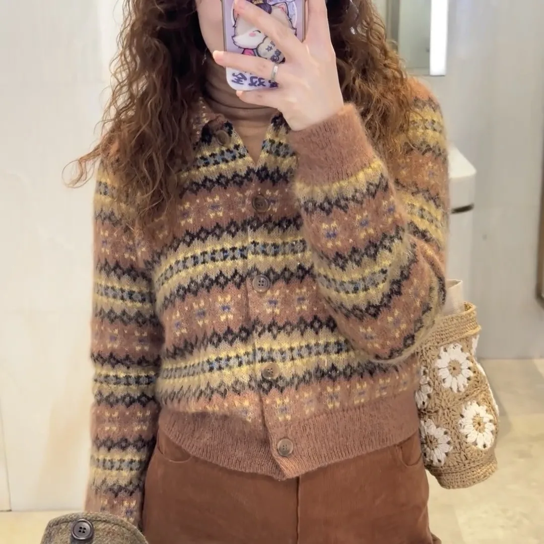 

Women Sweater Striped Long Sleeve Turn-down Collar Single Breasted Knitted Cardigan