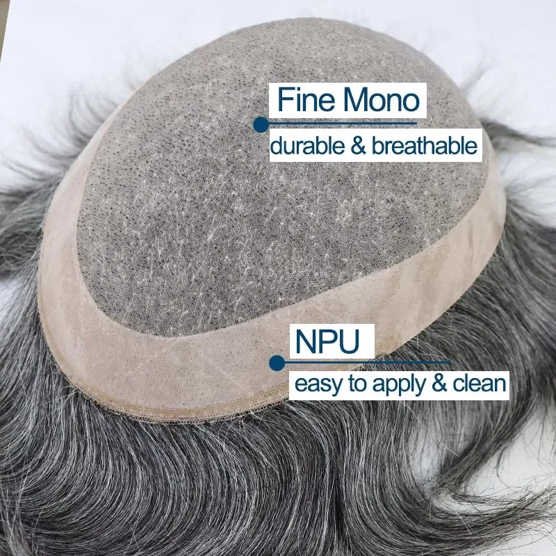 Men Toupee Human Hair Mix Grey Hair Replacement System Prosthesis Welded Fine Mono With Npu Men Wig Toupee