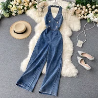 Women Summer Denim Jumpsuits Halter Backless Double Buttons High Waist Wide Leg Youth Jean Jumpsuit Rompersman - Image 4