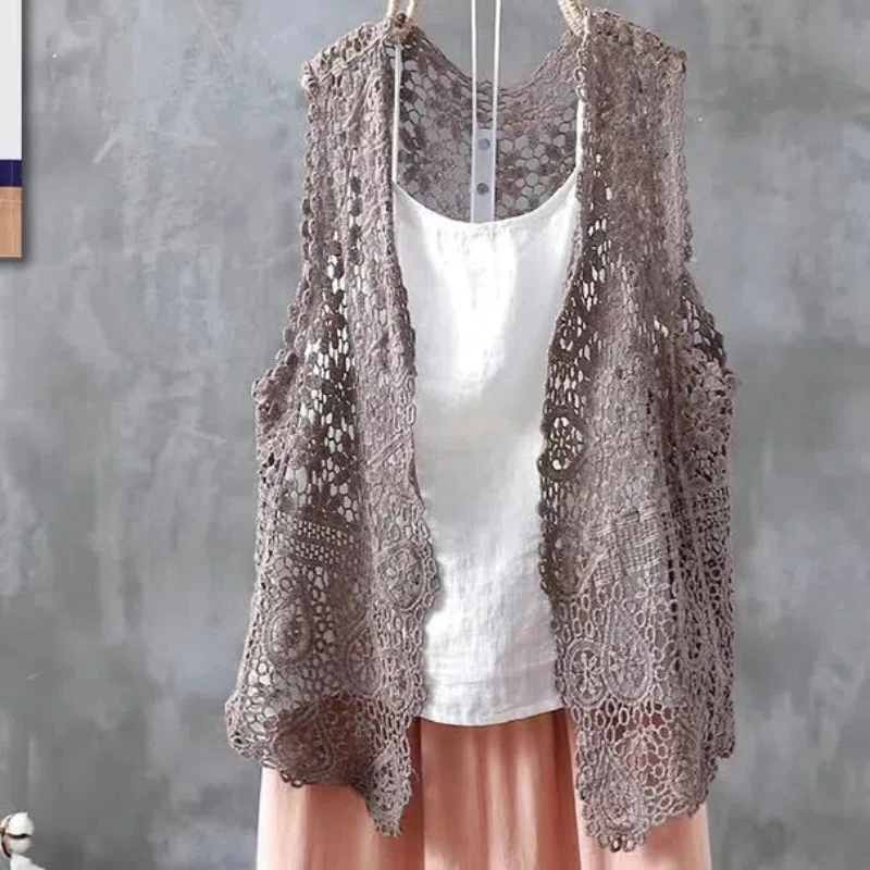 오리지널 후크 플라워 할로우 숄 조끼, 순면, 통기성, 루즈한 여성 브이넥, 민소매 가디건 코트, 패션, 여름