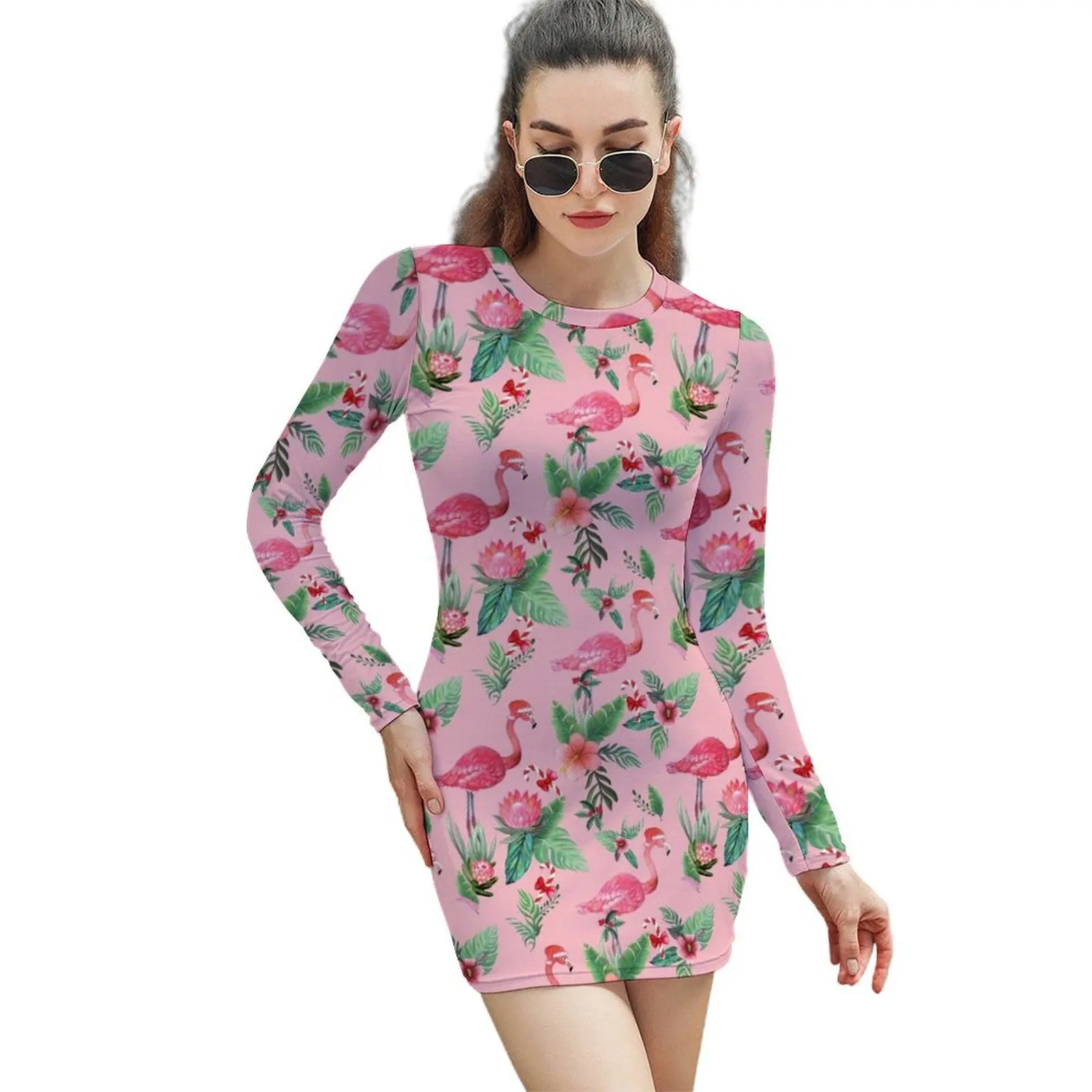 

Pink Flamingo in Santa Hat with candy canes, holly and exotic flowers in watercolor Long-Sleeved Sheath Dress women long dresses