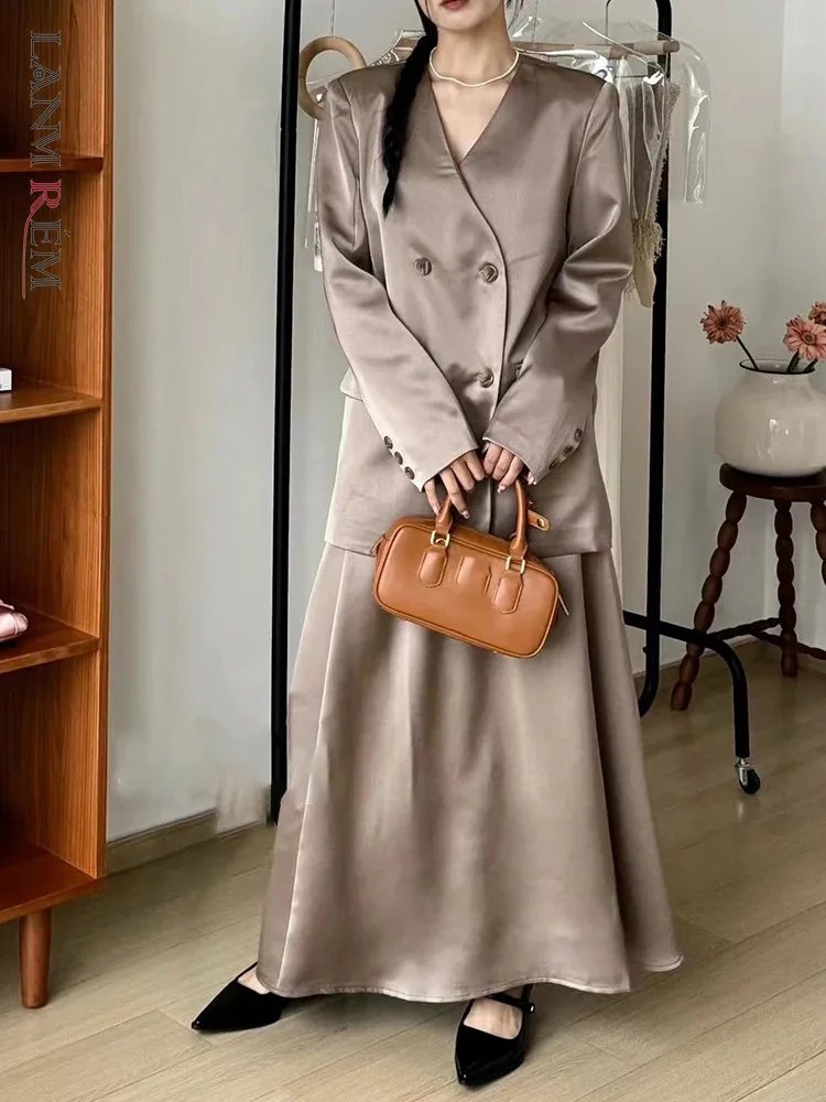 [LANMREM] Elegant Satin Suits Set Women V Neck Double Breasted Blazers High Waist Length Skirt Clothes 2024 Summer New 26D8927