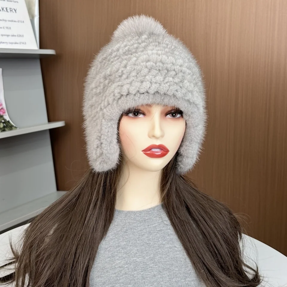 Neue Winter Damen Echt Nerz Pelz Hut Warme Verdickte Ohr Schutz Gestrickte Kappe Damen Winter Mode Zubehör – Detail 20