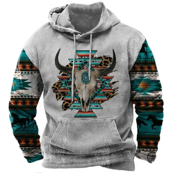 Spring Autumn Men Cowboy Hoodie Vintage Print Casual Stylish Pullover Fashion Long Sleeve Hooded Clothing Male Retro Streetwear