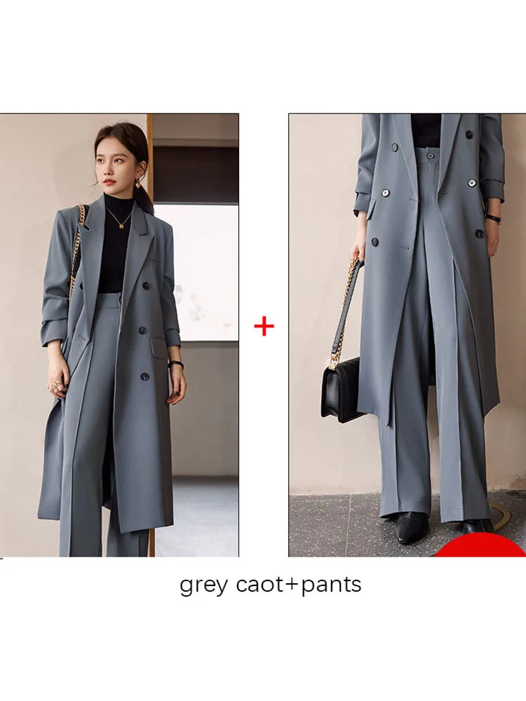 Tesco Grey Long Blazer Women 2 Piece Sets Trench Coat Suit Collar Double Breasted Wide Leg Pants Solid Color Winter Clothes