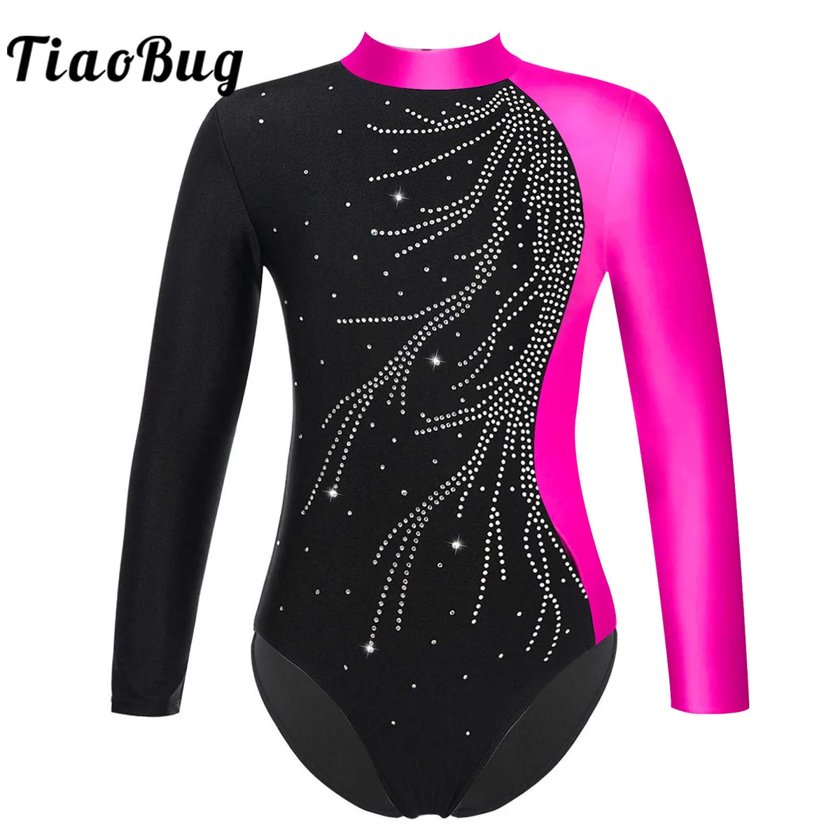 Kids Girls Ballet Dance Gymnastics Leotards Bodysuit Shiny Rhinestone Long Sleeve Figure Skating Acrobatics Jumpsuit Dancewear