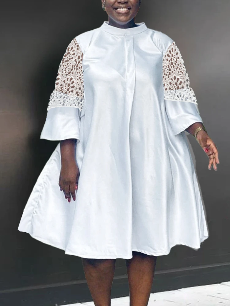 AOMEI White Loose Dresses Stand Collar Lace Hollow Out Sleeves Oversized Women Elegant Casual Fashion Female Gowns Robes Summer