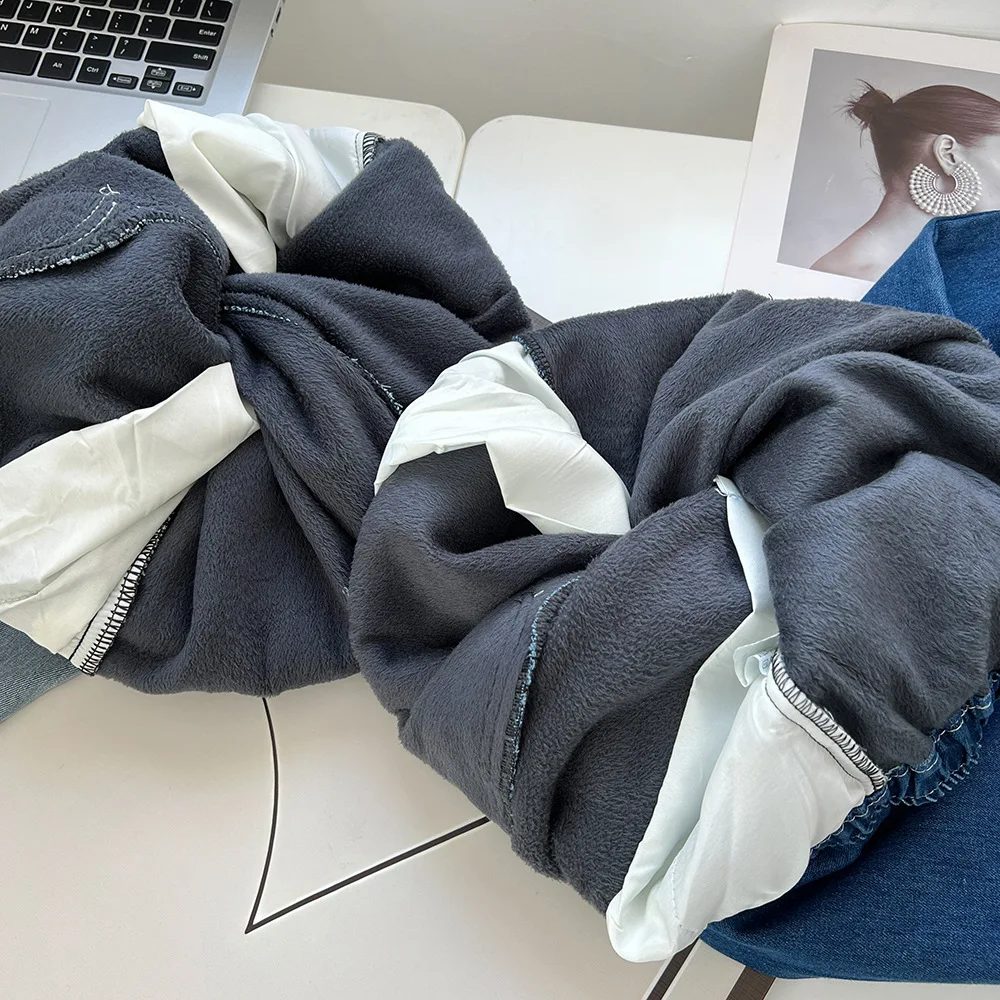 Women's Fleece-lined Denim Straight Pants Thick High-waisted Jeans Casual Wide Leg Plus Size Warm Winter, 100kg, 1866