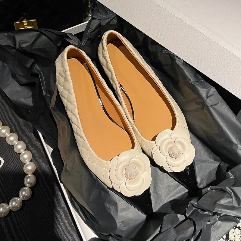 MKKHOU Fashion Women Shoes New High Quality Genuine Leather Pointed Camellia Mosaic Comfortable Flat Shoes Daily Light