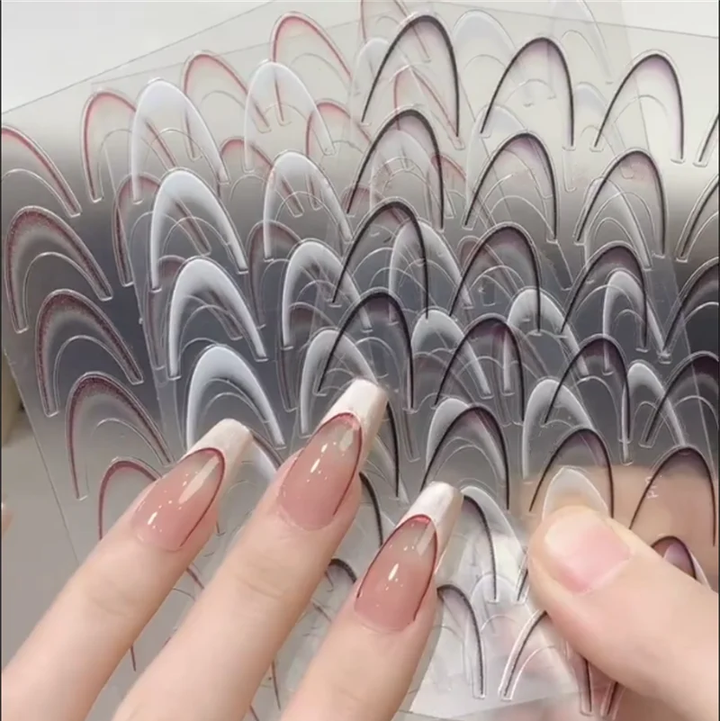 5D Black/White Smile Line Design Nail Decals French Gradient Nail Sticker Self-Adhesive Tips Guides Decor 14pcs/Set