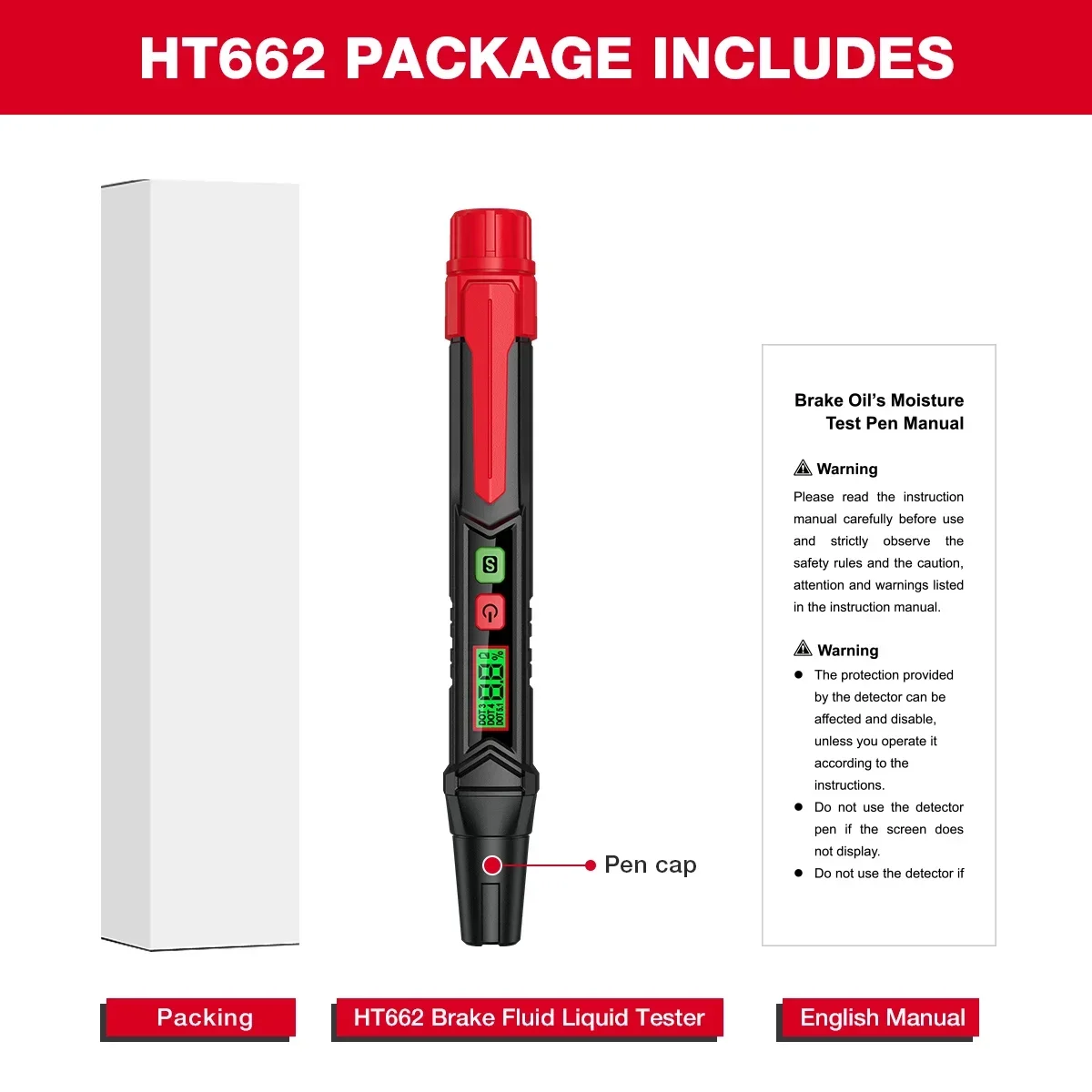 HABOTEST HT662 Car Brake Fluid Moisture Meter Liquid Oil Tester Analyzer for DOT3/DOT4/DOT5.1 Brake oil Quality Check Pen