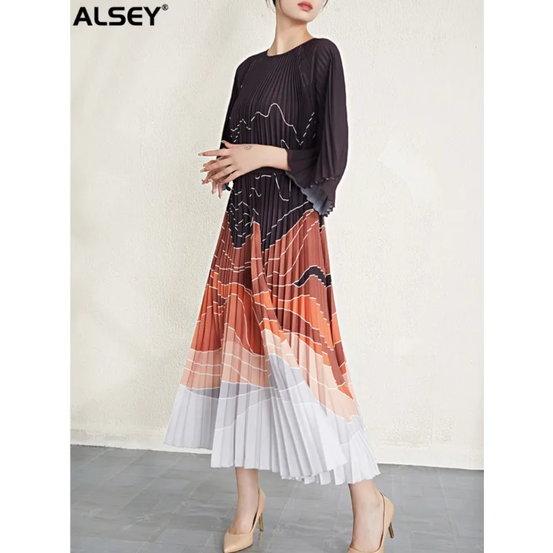 

ALSEY Miyake Pleated Dress Printed Line Sense Round Neck Butterfly Sleeve Strap Tie Loose Fashion Women's Dress 2023 Spring New