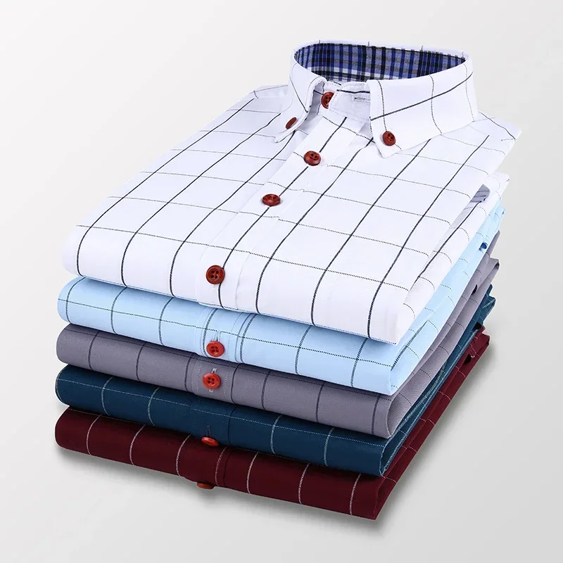 Summer Mens Shirts Short Sleeve Plaid Shirt Slim Casual Button Up Shirt Dress Shirts Men Cotton Big Size Men Clothing