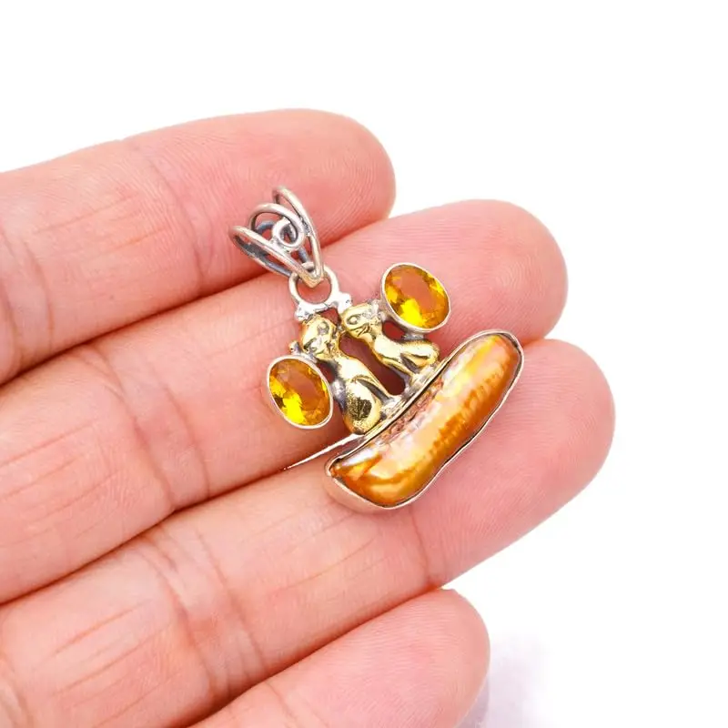 

Природный Бива жемчуг и кошки StarGems, цитрин ручной работы, искусственный серебряный кулон 1 1/4 "F6476