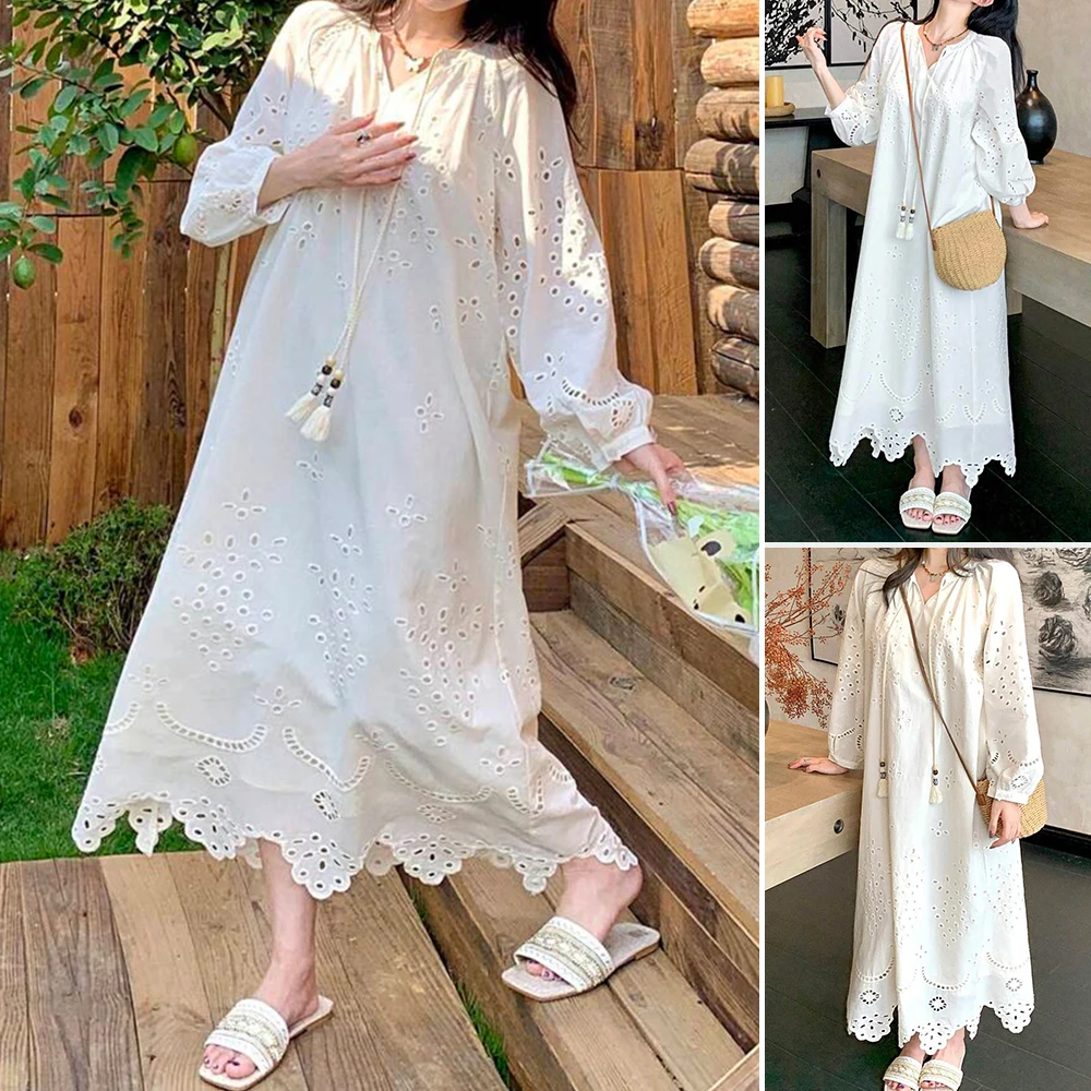 فستان نسائي من Rafiah Boutique بأكمام طويلة وطية صدر السترة مفرغ لفستان صيفي طويل مع أزياء أنيقة بلون متواضع