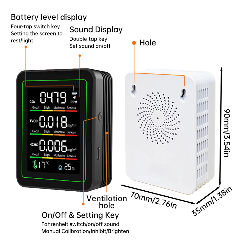 5 in 1 Digital Air Quality Monitor CO2 HCHO TVOC Humidity and Temperature Monitor CO2 Tester LCD  Household Air Quality Tester - 6