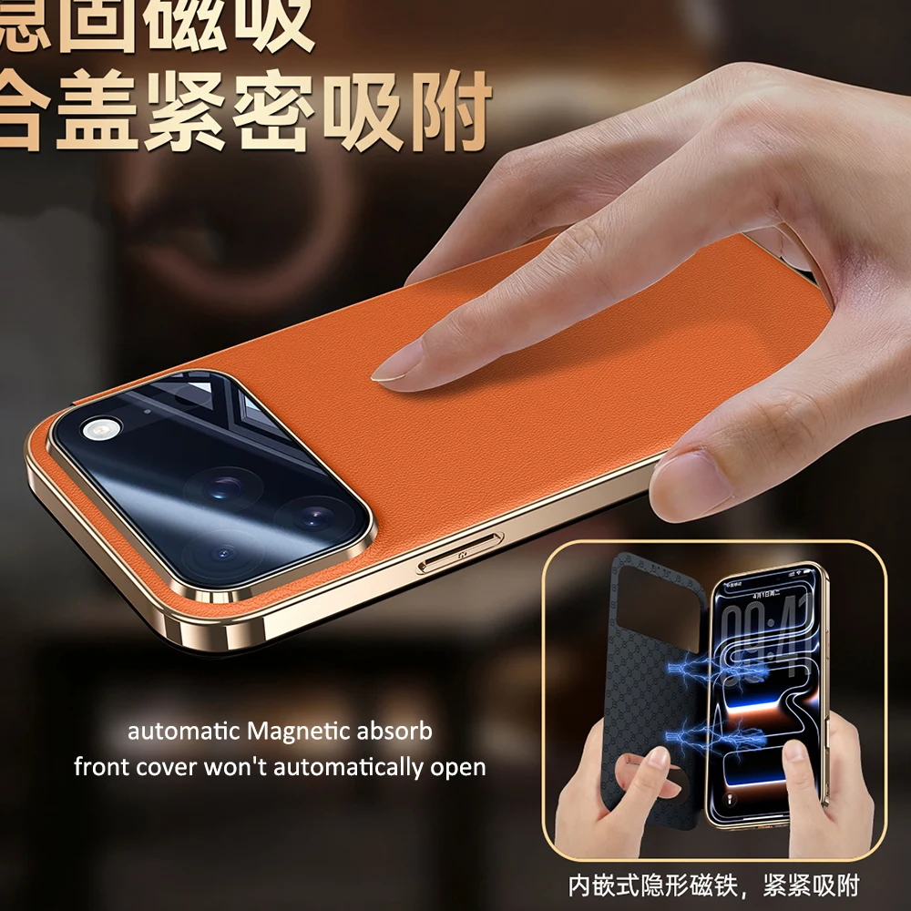 Premium Genuine Leather Flip Case - Elegant Orange Window Book Cover