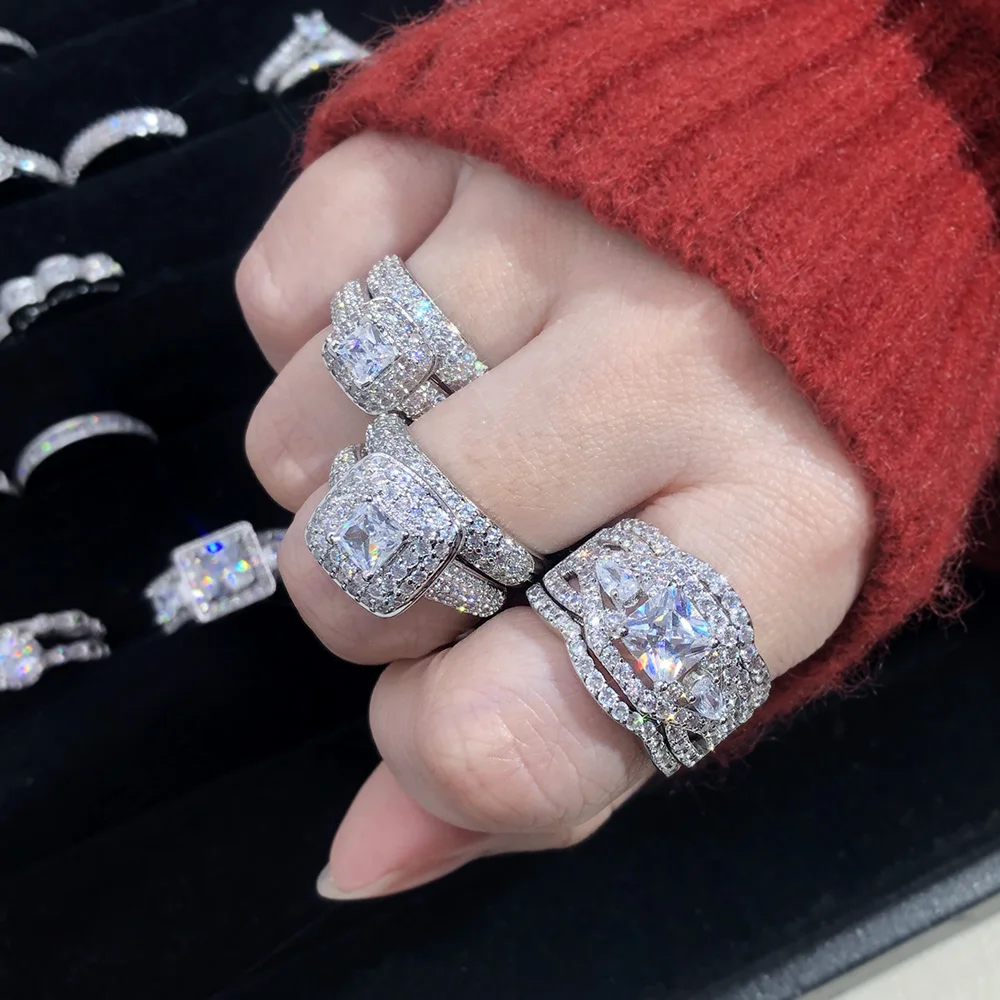 AoedeJ Set Di 2 Anelli Impilabili In Argento 925 Con Zirconi Cubici, Per Fidanzamento E Matrimonio, Taglie Dalla 6 Alla 9, Con Confezione Regalo