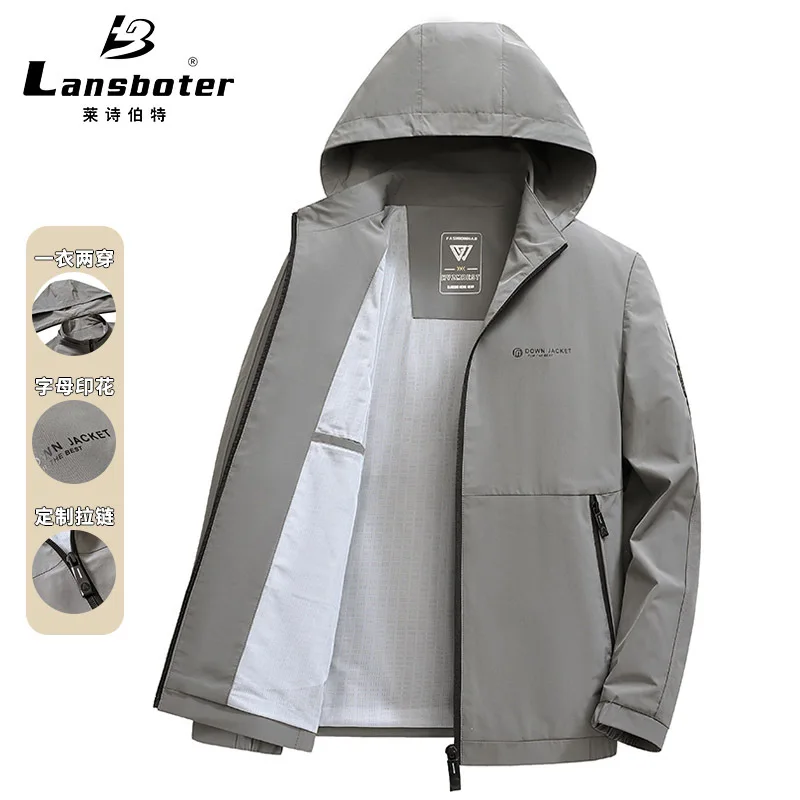 

Lansboter Grey Spring And Autumn Thin Detachable Cap Jacket Youth Men's Casual With Zipper Trend Mens Coats