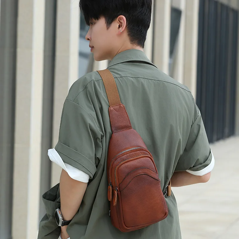 Luxury Designer Mens Genuine Top Grain Leather Chest Bag image 8